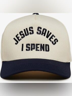“Jesus Saves” Navy and Cream Trucker Hat Snap Back